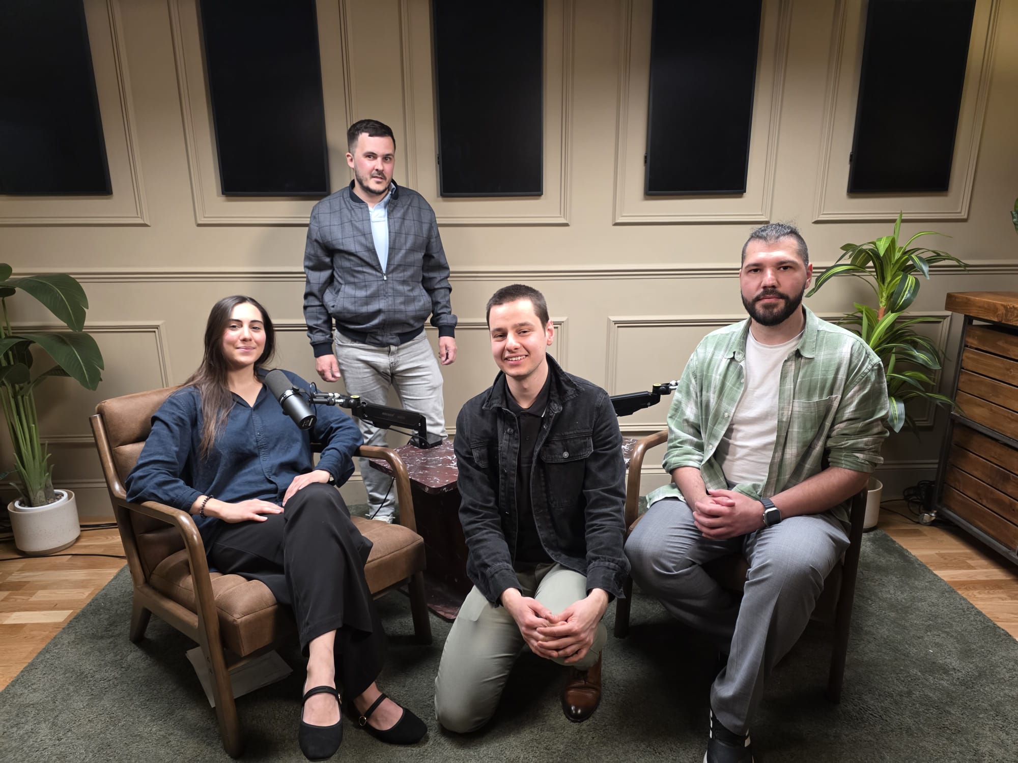 The LOYALS team grouped on the couch set during the London studio shoot